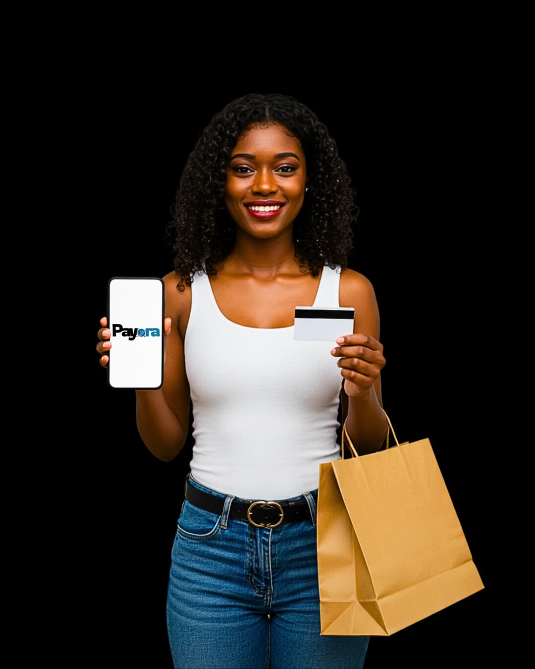 Woman using the Payora fintech app on her phone to pay bills, buy airtime, and trade gift cards